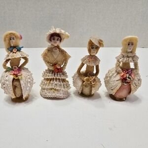 4 Handmade Vintage Sea shell Doll Folk Art Lady Figurine Sculpture Kitsch MCM